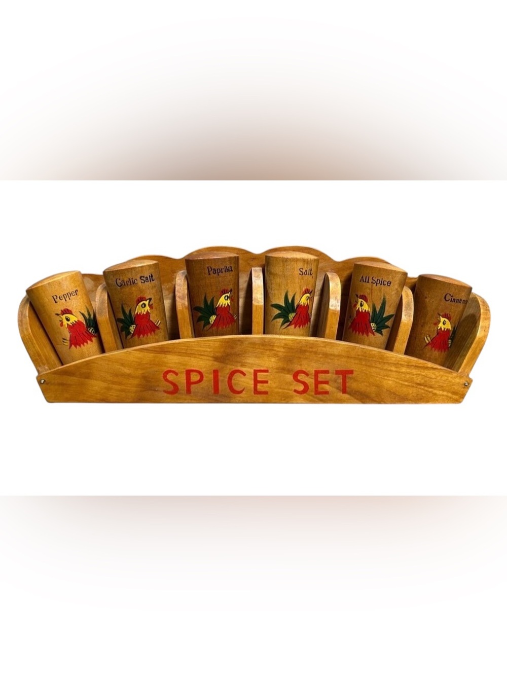 Vintage Rooster Wooden Spice Rack Set Complete Farmhouse Kitchen Decor